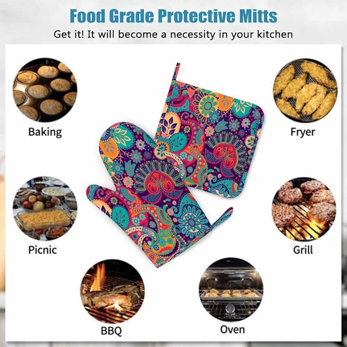 Mxocom Colorful Flowers Silicone Oven Mitts and Pot Holders Sets Exotic Curly Ethnic Fantastic Floral Colorful Artistic BBQ Gloves for Kitchen,Cooking,Baking,Grilling