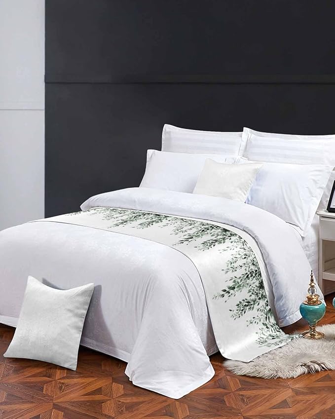 DecorLovee Green Eucalyptus Bed Runners for Cal King Size Bed, Weeping Botanical Decorative Bed Throws for Foot of Bed, Leaf Watercolor Bed Runner Sofa Throw Bedding Scarf Slipcover for Bedroom