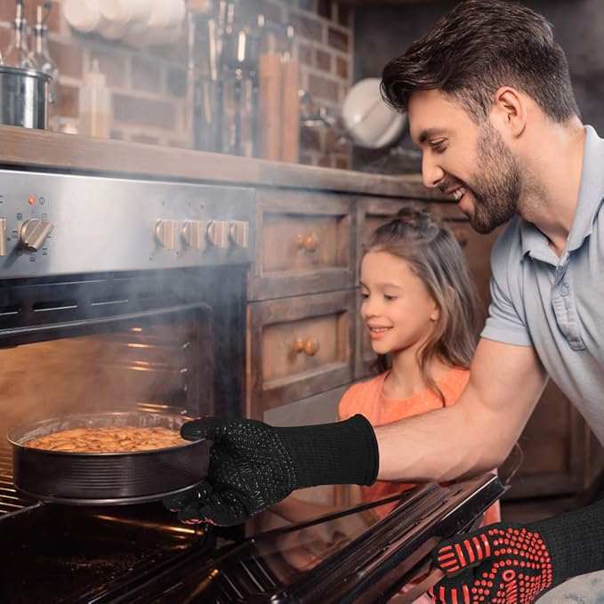 Premium BBQ Gloves, 1472°F Extreme Heat Resistant Oven Gloves, Grilling Gloves with Durable Fireproof Kitchen Oven Mitts Designed for Cooking, Grill, Frying, Baking, Barbecue (red+Black)