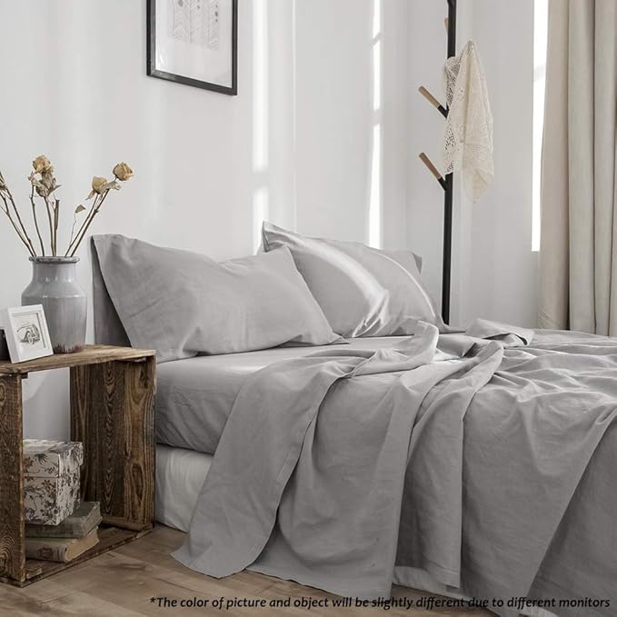 Simple&Opulence Belgian Linen Sheet Set Solid Color - 4 Pieces (1 Flat Sheet, 1 Fitted Sheet & 2 Pillowcases) Natural Flax Cotton Blend Soft Breathable Farmhouse Bedding - King Size, Grey