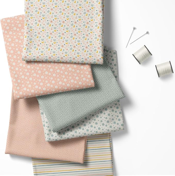 Patchwork Fabric Panel 100x155 cm, 100% Cotton Satin, 6 Coordinated Pastel Floral & Dot Patterns, Soft Peach Green Quilting & Sewing Fabric (Soft Pastels, 6pcs 50x50cm)