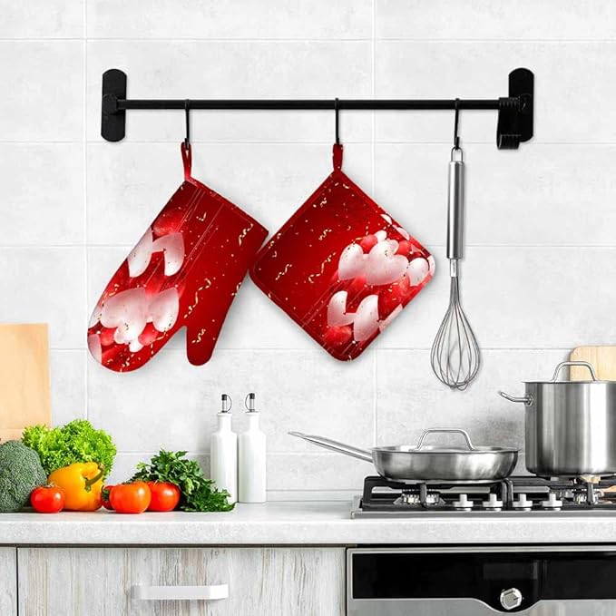 Mxocom Red Hearts Balloons Oven Mitts and Pot Holders Sets Valentine's Day Love Backdrop Silicone Heat Resistant Kitchen Oven Gloves Pot Holder for Cooking