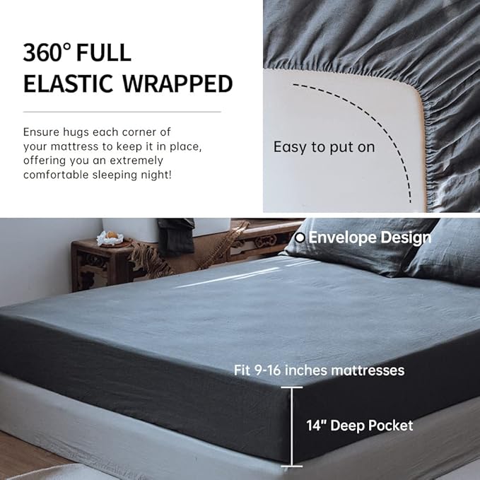 Simple&Opulence Washed Linen Bed Sheet Set Basic Style 4 Pieces (1 Flat Sheet & 1 Fitted Sheet & 2 Pillowcases) 100% Natural French Flax Soft Breathable Farmhouse Bedding (Queen, Dark Grey)