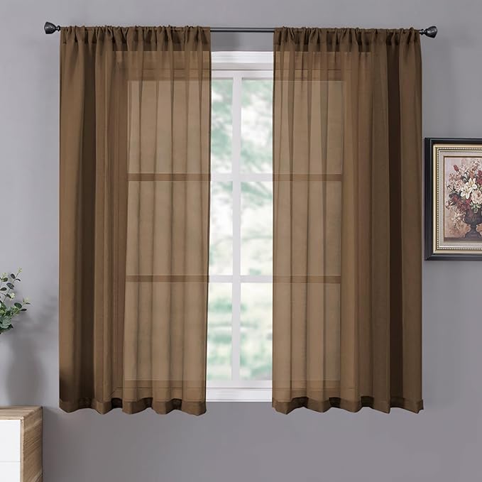 Tollpiz Short Sheer Curtain Linen Textured Bedroom Curtains Sheer Light Filtering Rod Pocket Voile Curtain for Living Room, 54 x 54 inches Long, Brown, Set of 2 Panels