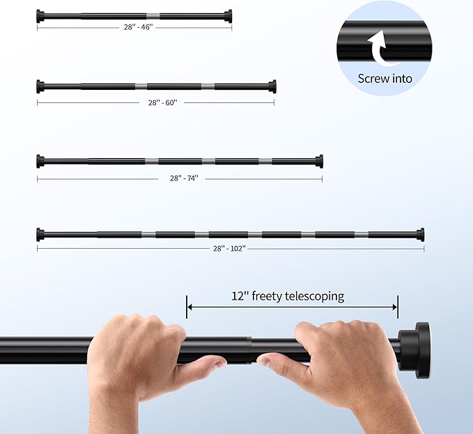 Mcrbeay Shower Curtain Rod, 1" Diameter Heavy Duty Tension Shower Rod, Non Slip Adjustable 28-74 inch No Drilling Shower Curtain Rods Spring Tension For Bathroom, Shower Stall, No Rust, Black