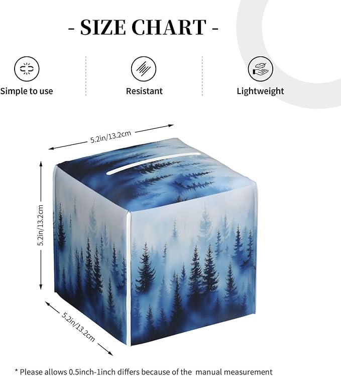 Blue Forest Tree Tissue Box Cover Square Leather Tissue Holder Decorative Facial Tissue Cube Paper Cover Case Organizer for Bathroom Night Stands Desk Tabletop Living Room Home