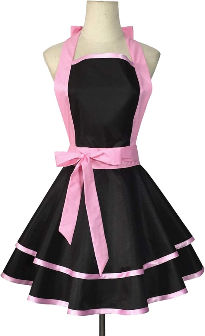 Hyzrz Lovely Handmade Cotton Retro Black Aprons for Women Girls Cake Kitchen Cook Apron for Mother's Gift (Pink)