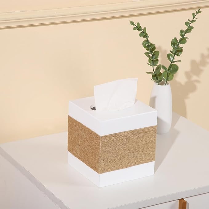 CATORY Tissue Box Cover, Wood Tissue Box Cover Square, Farmhouse Tissue Box Holder Covers Your Tissues, Decorative Tissue Cube Box Cover with Slide-Out Bottom (White)
