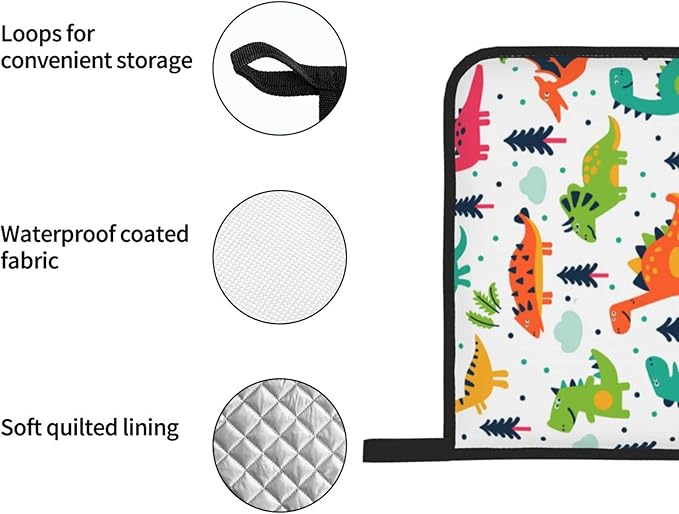 Cute Dino Kawaii Dinosaur Oven Mitts and Pot Holders Set of 4, Oven Mittens and Potholders Heat Resistant Gloves for Kitchen Cooking Baking Grilling BBQ