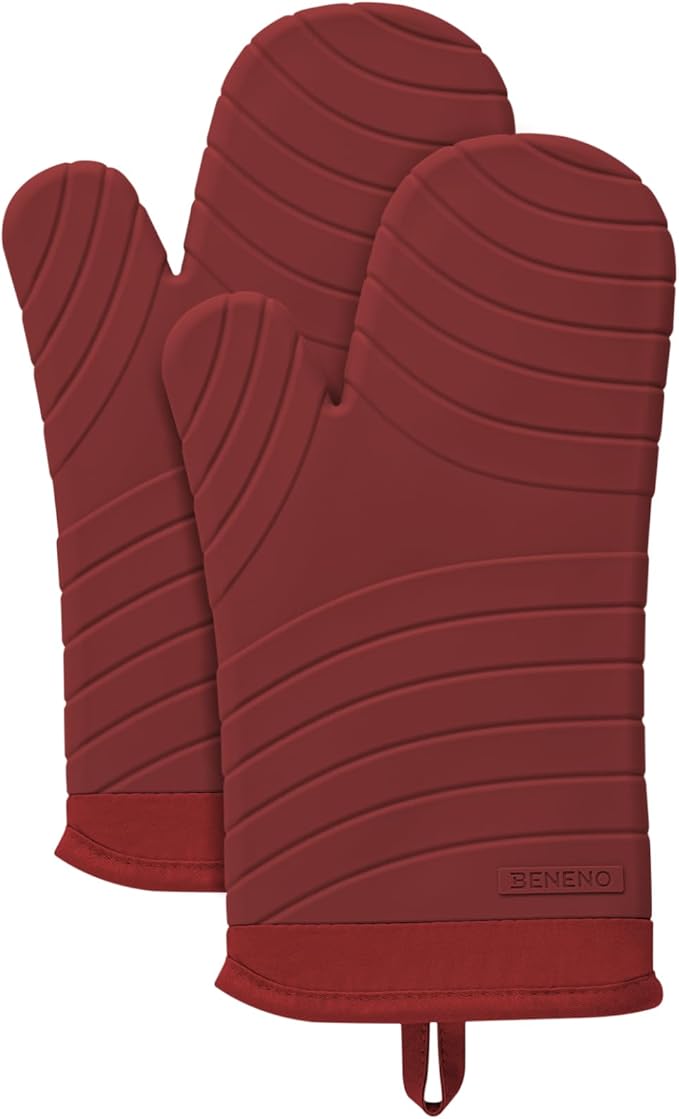 Beneno Heat Resistant Silicone Oven Mitts BPA-Free, Non-Slip Textured Grip & Quilted Cotton Lining, Waterproof Kitchen Mitt 2-Pack Set, 7"x13", Red