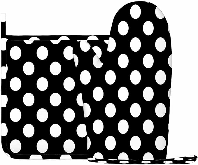 Mxocom Polka Dot Oven Mitt and Pot Holder with Silicone Black White Round Circle Heat Resistant Kitchen for Cooking BBQ Baking Grilling Spring/Summer