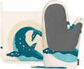 Mxocom Watercolor Whale Heat-Resistant Oven Mitts and Pot Holder Sea Theme Marine Life Coastal Modern Design Cool Ring Circle Kitchen Non-Slip Cooking Microwave Gloves for Cooking Baking Grilling