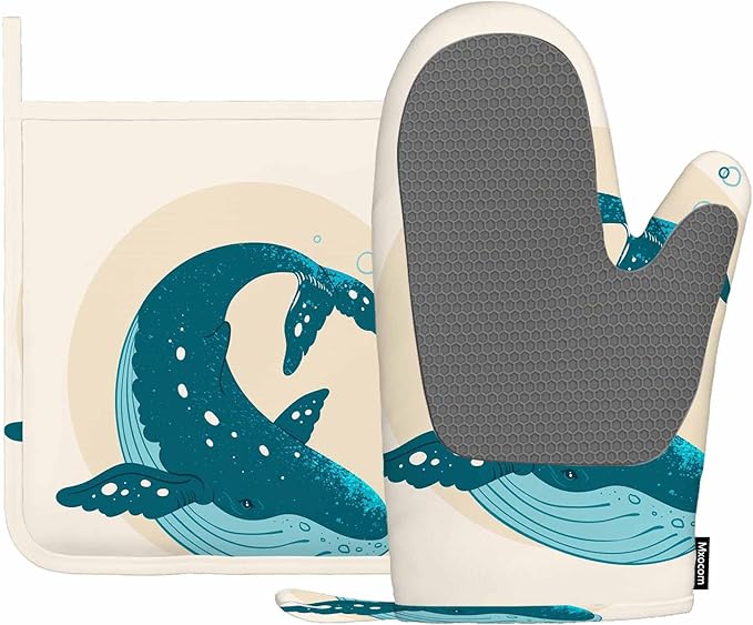 Mxocom Watercolor Whale Heat-Resistant Oven Mitts and Pot Holder Sea Theme Marine Life Coastal Modern Design Cool Ring Circle Kitchen Non-Slip Cooking Microwave Gloves for Cooking Baking Grilling