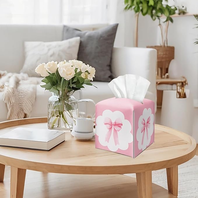 Pink Bow Ribbon Tissue Box Cover Square, Leather Tissue Holder with Bottom Belt, for Nightstands Desks Office Bathroom Car Vanity Home Decor Supplies -012