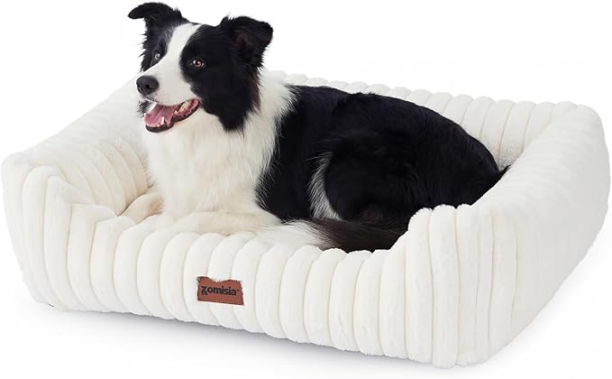 ZOMISIA Dog Bed Medium Size Dog - Large Rectangle Orthopedic Pet Bed with Fluffy Washable Cover and Anti-Slip Bottom, 30x24x9inches, Cream