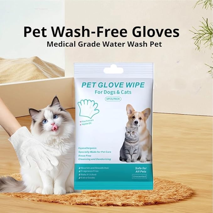 Dog Shampoo Mitts Pet Bath Wipes, Pet Cleaning Deodorizing Glove Wipes for Dogs & Cats,Fragrance-Free, Gentle Grooming Mittens for Sensitive Skin (5Pcs)