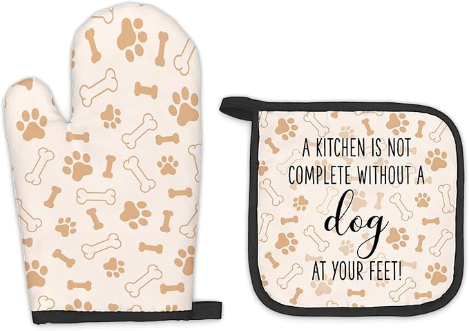 Dog Oven Mitts and Pot Holders Sets, Dog Lover Gifts for Women, Dog Paw Kitchen Accessories Sets, Complete Without a Dog at You Feet Heat Resistant Oven Glove Potholders for Kitchen Baking