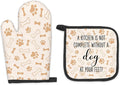 Dog Oven Mitts and Pot Holders Sets, Dog Lover Gifts for Women, Dog Paw Kitchen Accessories Sets, Complete Without a Dog at You Feet Heat Resistant Oven Glove Potholders for Kitchen Baking