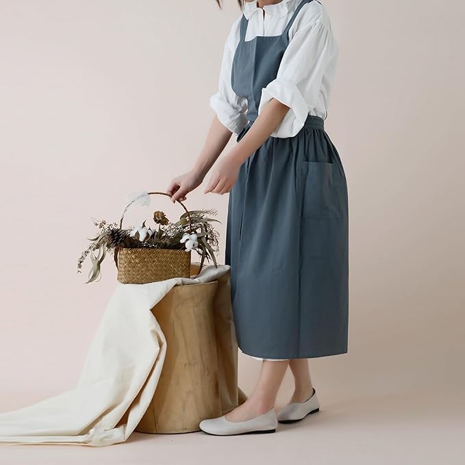 ODIZLI Frill Apron for Women Cotton Cross Back Vintage Ruffle Apron for Garden Cooking Aprons