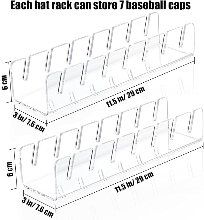 Deear Hat Stand for Baseball Caps Display and Organizer No Install Acrylic Hat Holder for 14 Baseball Caps Hat Racks Storage for Bedroom,Closet,Dresser,Entrance 2 Pack(Clear)