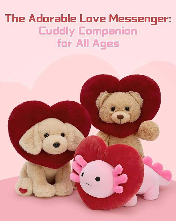 MaoGoLan Valentines Axolotl Plush with Heart-Shaped Hood,Squishy and Soft Salamander Stuffed Animal Throw Pillow,16" Loving Heart Plushie Gift for Valentines Day,Christmas,Anniversary,Mother's Day