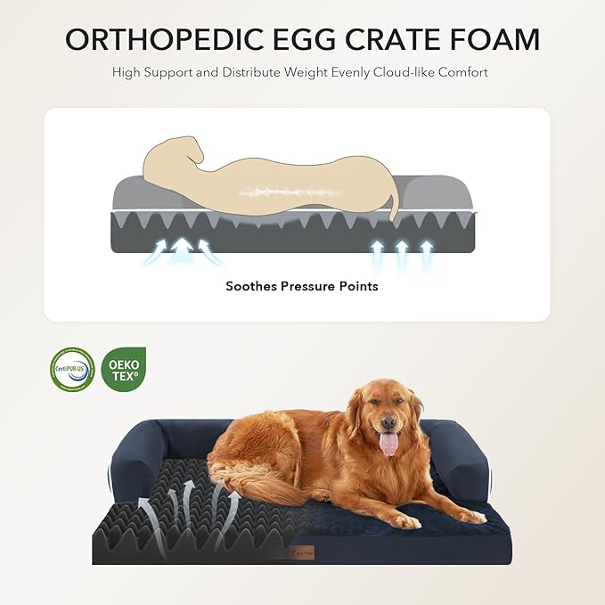 Casa Paw Orthopedic Dog Beds for Extra Large Dogs, Waterproof Egg Crate Foam XL Dog Bed with Sides 48x30Inch, Big Dogs Couch Beds with Removable Washable Cover and Nonskid Bottom, Navy Blue