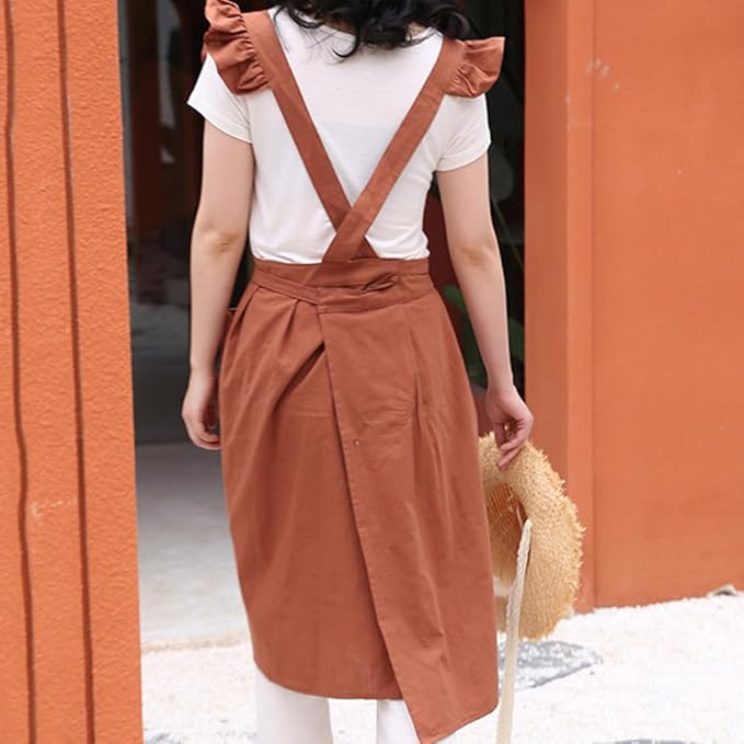 ODIZLI Frill Apron for Women Cotton Cross Back Vintage Ruffle Apron for Garden Cooking Aprons