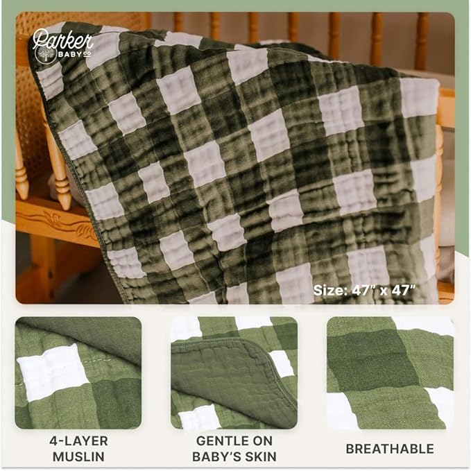 Parker Baby Muslin Blanket | 100% Soft Cotton Toddler Quilt & Baby Muslin Swaddle | Gender Neutral Design 47" x 47" Blanket