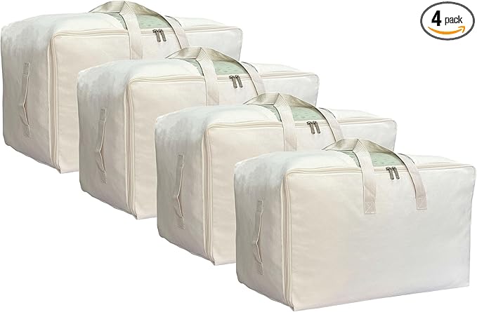 DoYiKe Soft Large Canvas Storage Bags with Zipper and Clear Window, Cotton Linen Storage for Pillows, Quilt, Blankets and Comforter, 80L, 4 Pack, Beige
