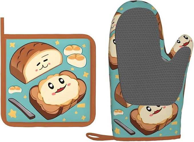 Oven Mitts and Potholders Cute Cartoon Bread Silicone Glove Heat Resistant, Kitchen Gloves for Cooking, 2-Piece Set