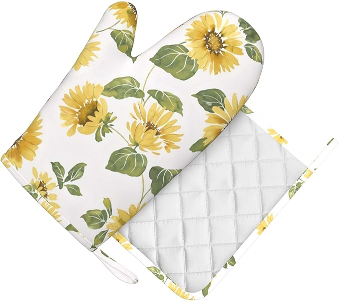 Silicone Oven Mitts and Pot Holders Sets, Home Sunflower Floral Heat Resistant BBQ Gloves for Kitchen Baking Cooking Grilling Microwave