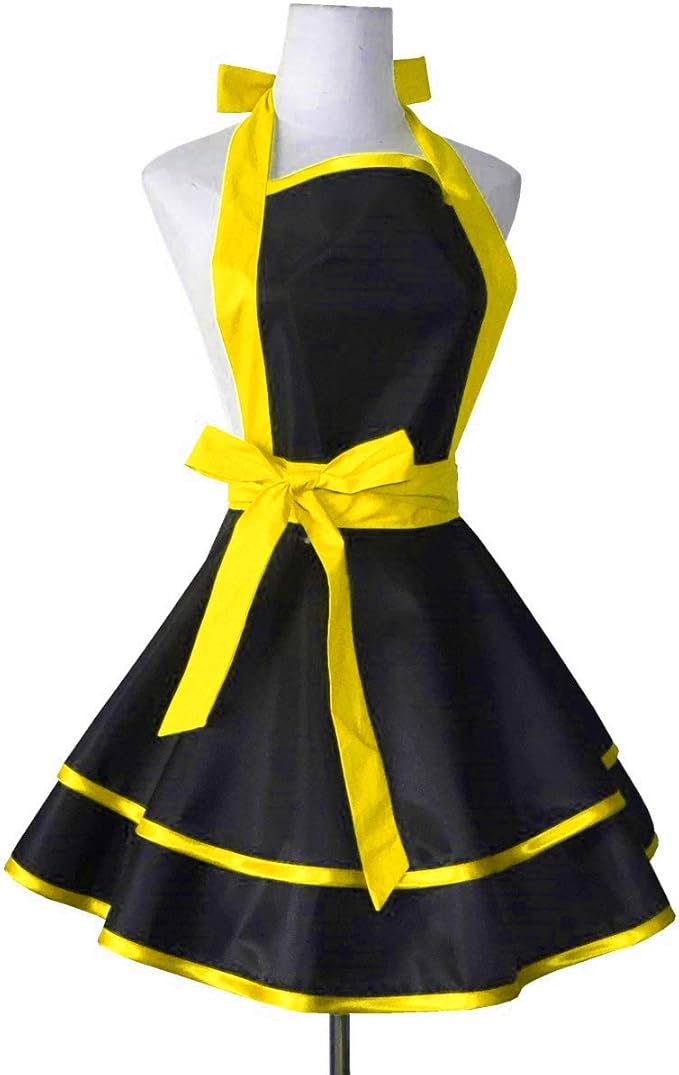 Hyzrz Lovely Handmade Cotton Retro Black Aprons for Women Girls Cake Kitchen Cook Apron for Mother's Gift (Yellow)