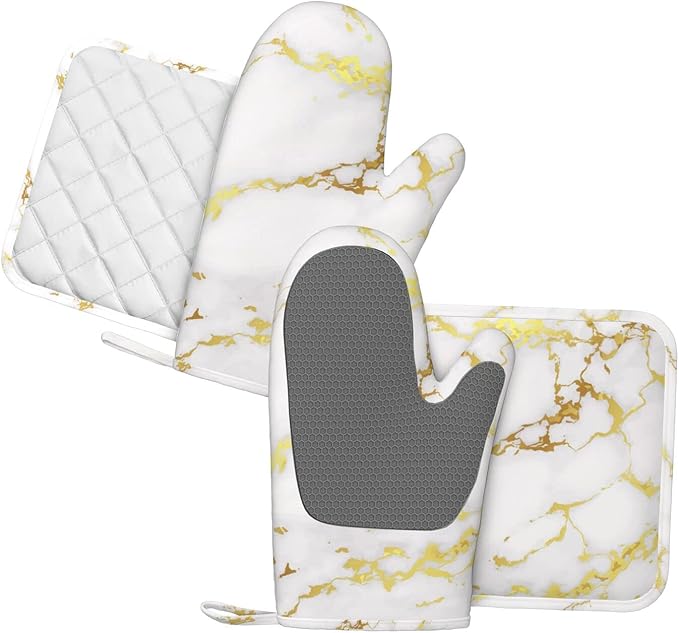 Marble Oven Mitts Pot Holders Set Silicone White Gold Kitchen Gloves Potholders Heat Resistant for Chef Baking Cooking Grilling BBQ 4 Pack Mitt