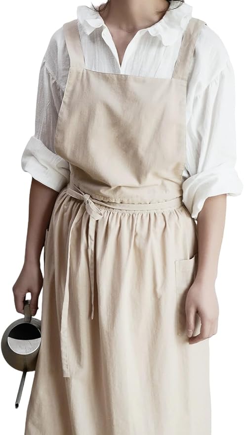 Japanese apron Women-Cross Back Apron for Women with Pockets, Pinafore Aprons, Womens Cotton Linen Apron