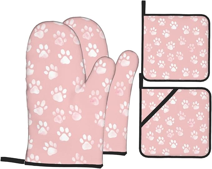 Oven Mitts and Pot Holders Sets of 4 Pastel Pink Dog Paw Pattern Kitchen Potholder Gloves Heat Resistant Non-Slip for Chef Baking Cooking Grilling BBQ Mittens