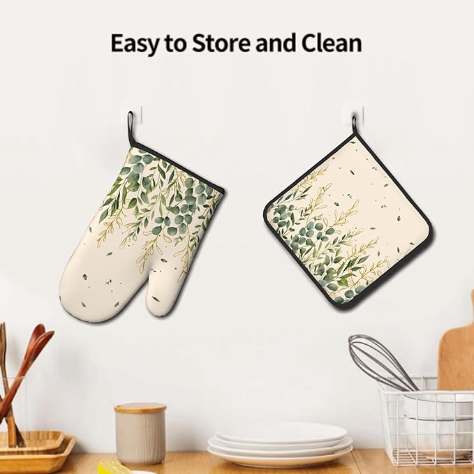 Sage Green Eucalyptus Oven Mitts and Pot Holders Sets Watercolor Green Yellow Leaf Branches Washable Heat Resistant Kitchen Glove Potholder Farmhouse Decor Hot Pads for Home Baking Cooking Grilling