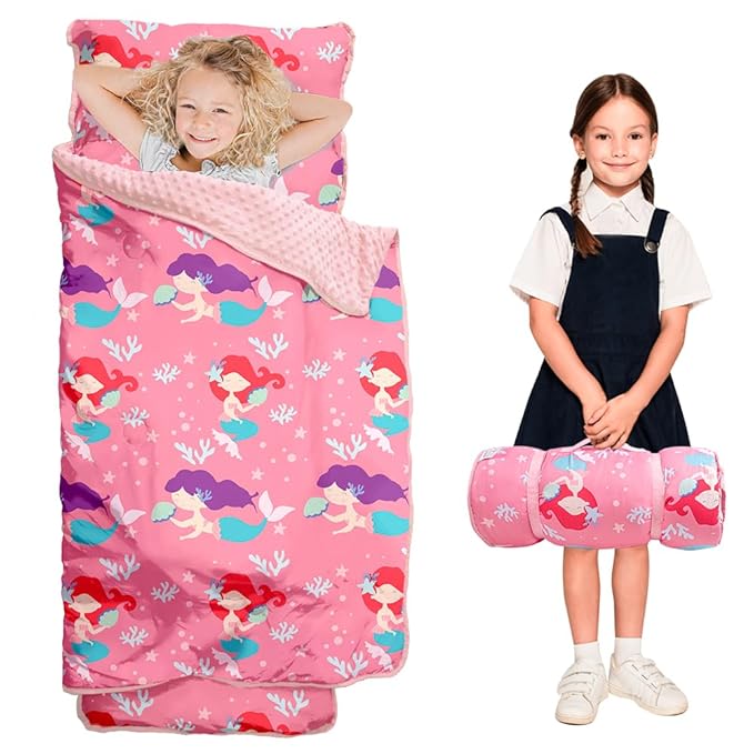 Beavtaens Toddler Nap Mat with Pillow and Minky Blanket, Large 55"x35" Sleeping Bag, Washable, Lightweight, Easy to Roll, Perfect for Preschool, Daycare, Kindergarten, Travel, Boys and Girls(Mermaid)