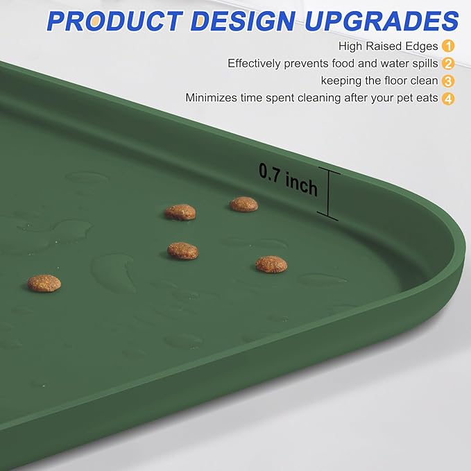 SMILOOL Silicone Pet Feeding Mat with Raised Edge for Food and Water, Dog Bowl Mats, Cat Bowls Placemat with High Lip for Floor Waterproof, Rubber Tray for Cats and Dogs 19 x 12 x0.7 Dark Olive