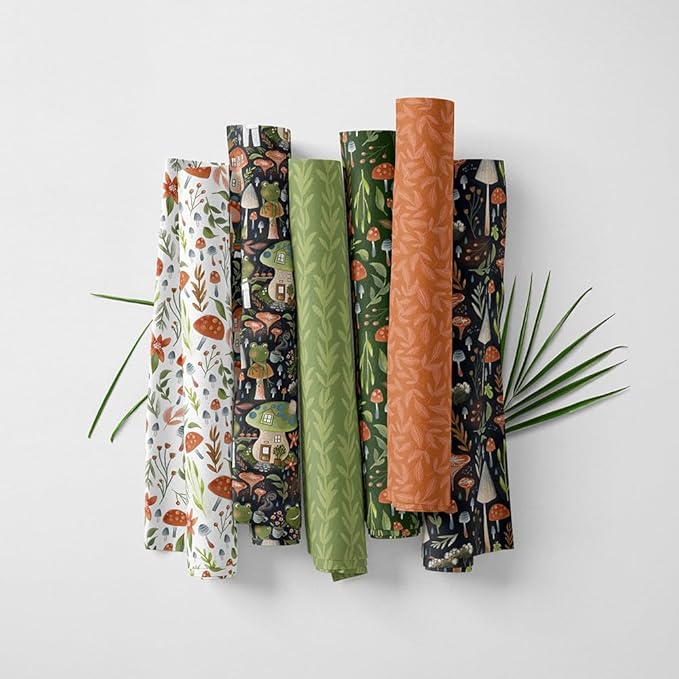 Woodland Patchwork Fabric Panel 100x155 cm – 100% Cotton Satin, 6 Coordinated Forest & Mushroom Prints on One Continuous Sheet for Quilting, Sewing & DIY Crafts(Forest Mushrooms, 6pcs 50x50cm)