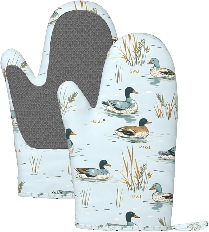 Oven Mitts 2 Pack, Silicone Kitchen Gloves, Heat Resistant with Non-Slip Grip and Soft Quilted Cotton Lining for Cooking Barbecue Backing (Ducks Swimming)