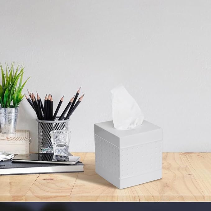 DSNMYO Industrial Style Tissue Box Cover with Bamboo Lid, Tissue Holder, Square Box Covers,for bedrooms, Offices, bathrooms, Living Rooms etc.(White)