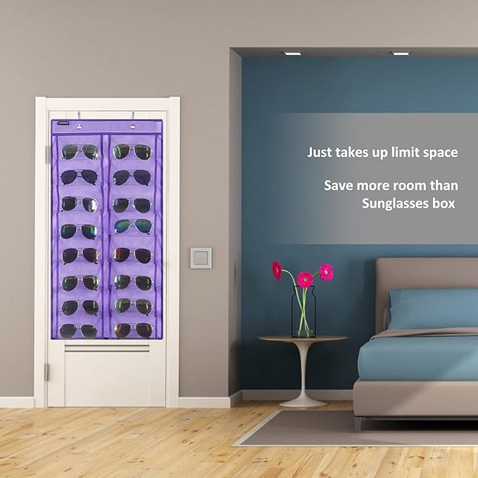 ANZORG Over the Door Hanging Sunglasses Organizer Storage Sunglass Rack Holder Eyewear Display Case with 16 Clear Dust Proof Pockets (16 Pockets-Purple)