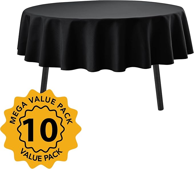 10-Pack Black Round Tablecloths, 70 Inches, Stain-Resistant Polyester for 3-4 Ft Round Tables - Washable Table Covers for Weddings, Banquets, Birthday Parties, Events