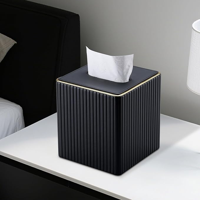 KINGFOM Tissue Box Cover, PU Leather Square Tissue Box Holder for Kleenexs with Magnetic Bottom Cover for Facial Tissues/Napkins, Office & Living Room Decor Box Black