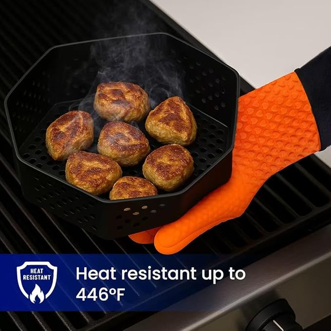 Orange Heat Resistant Oven Gloves, Silicone Kitchen Mitts, Non-Slip Pot Holder Gloves, 1 Size Fits All, Water Proof Men & Women Kitchen Glove for Cooking,Baking,BBQ, Single Glove