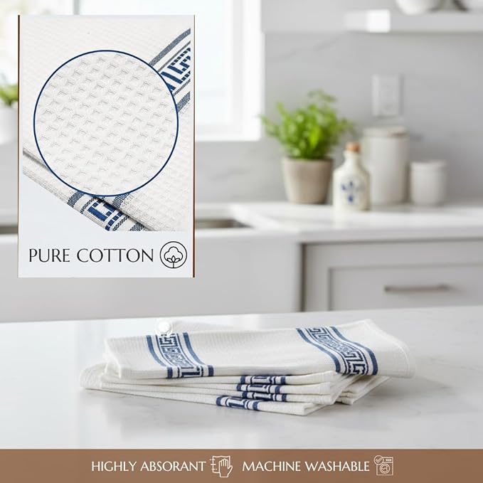 Attica Tracery Pure Cotton Kitchen Tea Towels – White Waffle Towels | Super Absorbent Kitchen Napkins | Reusable Cloths for Dishes, Counters & More - (60x38 cm, Set of 5) (White with Blue Border)