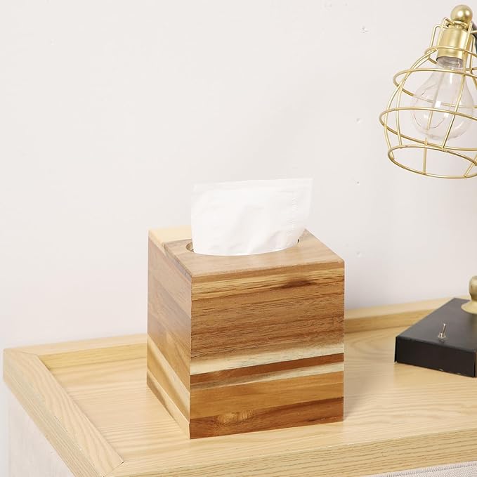 CATORY Tissue Box Cover, Acacia Wood Tissue Box Cover Square, Rustic Tissue Box Holder Covers Your Tissues, Decorative Tissue Cube Box Cover with Slide-Out Bottom