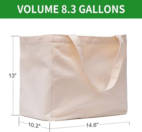 3 Pack Heavy Duty Reusable Canvas Grocery Bags, Holds 60 lbs, 8.3 gal Multi-Purpose Washable Grocery Bags with 5 Pockets, Off White