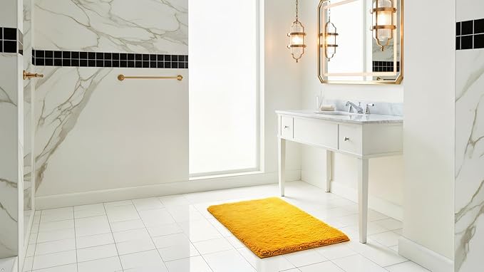 C23 Luxury Shag Bath Rug | 2200 GSM Ultra-Soft Plush Thick Bathroom Mat | 20"x32" Mustard Yellow High-Density Shaggy Rug | Non-Slip Natural Latex Back, Absorbent, Machine Washable, 1 Piece