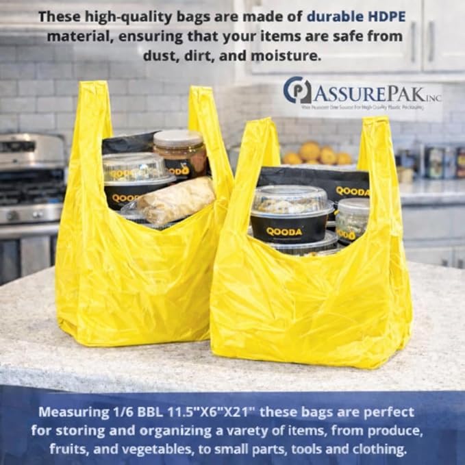 ASSUREPAK 1000 Bags - Colored Unprinted HDPE T-Shirt Bags - 1/6 BBL 11.5"X6"X21" - 13 microns - Yellow - Perfect for Groceries, Shopping, Boutique Bags and Retail Stores LOOP-YELLOW